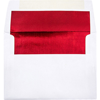 JAM Paper Foil Lined Booklet Invitation Envelope, A7 (5 1/4&quot; x 7 1/4&quot;) White with Red Lining, 25/PK