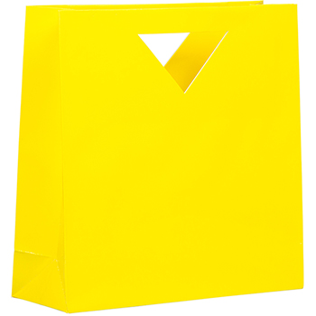 JAM Paper Heavy Duty Die-Cut Glossy Gift Bags with Triangle Handle, 12&quot; x 4&quot; x 4&quot;, Yellow, 3/PK