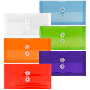 JAM Paper Plastic Envelopes with Button &amp; String Tie Closure, #10 Business Booklet, 5 1/4&quot; x 10&quot;, Assorted Colors, 6/PK