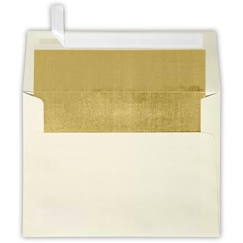 JAM Paper A7 Foil Lined Envelopes, 5-1/4 in x 7-1/4 in, 70 lb, Natural, Gold Lining, Peel and Seal, 50/Pack