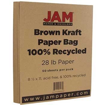 JAM Paper 100% Recycled Colored Matte Paper, 28 lb, 8.5&quot; x 11&quot;, Brown Kraft, 50 Sheets/Pack