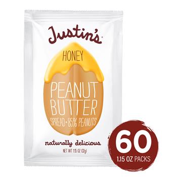 Justin&#39;s Honey Peanut Butter Squeeze Pack, 1.15 oz, 60/Pack