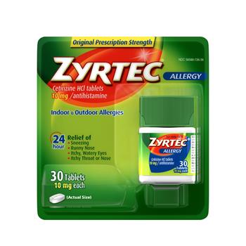Zyrtec 24 Hour Allergy Relief Medicine Tablets, 10mg Cetirizine HCl Antihistamine, 30/Box