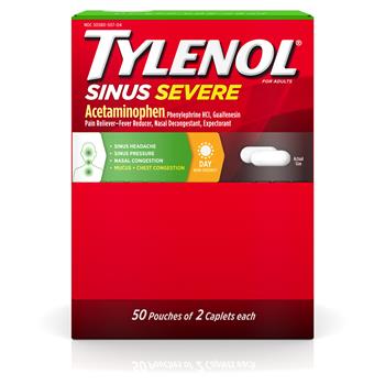 Tylenol Sinus Severe Daytime Caplets, Non-Drowsy Pain Reliever &amp; Expectorant, 2 Caplets/Pouch, 50 Pouches/Pack, 36 Packs/Carton