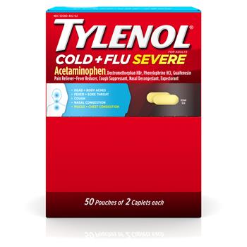 Tylenol Cold + Flu Severe Medicine, 2 Caplets/Pouch, 50 Pouches/Pack, 36 Packs/Carton