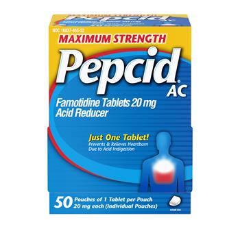 Pepcid AC Maximum Strength Heartburn Relief Tablets, 20mg Tablets, 1 Tablet/Pouch, 50 Pouches/Pack, 36 Packs/Carton