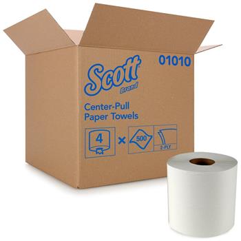 Scott Essential Center Pull Paper Towels, 2-Ply, Perforated, White, 4 Rolls Of 500 Towels, 2,000 Towels/Carton