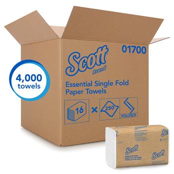 Scott Single-Fold Paper Towels, 9 3/10 x 10 1/2, White, 250/Pack, 16 Packs/Carton