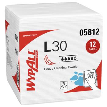WypAll GeneralClean L30 Heavy Duty Cleaning Towels, Quarterfold, White, 90 Sheets/Pack, 12 Packs/Carton