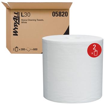 WypAll General Clean L30 Heavy Duty Cleaning Towels, Center Pull, White, 300 Sheets/Roll, 2 Rolls/Carton
