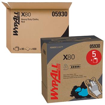 WypAll Power Clean X80 Heavy Duty Cloths, Pop-Up Box, Red, 5 Boxes Of 80 Cloths, 400 Cloths/Carton