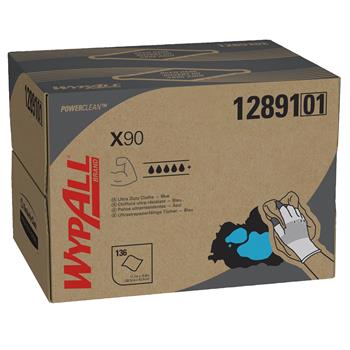 WypAll Power Clean X90 Ultra Duty Cloths, Brag Box, Blue Denim, 136 Cloths Per Box, 1 Box/Carton