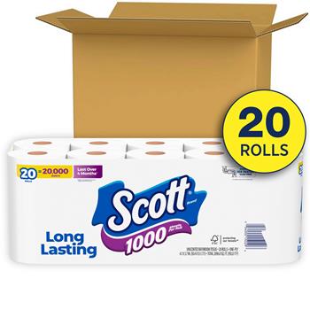 Scott 1000 Toilet Paper, Septic-Safe, 1-Ply, White, 20 Rolls Of 1,000 Sheets, 20,000 Sheets/Pack