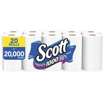 Scott 1000 Toilet Paper, Septic-Safe, 1-Ply, White, 20 Rolls Of 1,000 Sheets, 20,000 Sheets/Pack