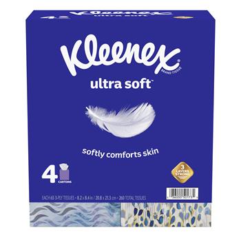 Kleenex Ultra Soft Facial Tissue, 3-Ply, White, 8.75 x 4.5, 75/Box, 4 Box/Pack