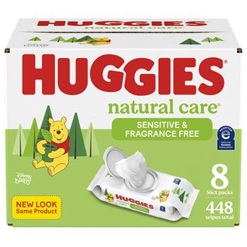Huggies Natural Care Sensitive Baby Wipes, Unscented, Flip-Top, 56 Wipes Per Pack, 8 Packs/Carton