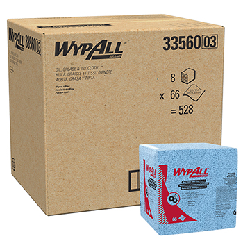 WypAll&#174; Oil, Grease &amp; Ink Cloths (33560), Disposable, Low Lint, Blue, Quarterfold Wipes, 66 Sheets/PK, 8 Packs/CT