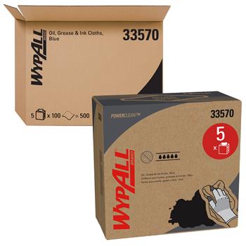 WypAll Power Clean Disposable Oil, Grease &amp; Ink Cloths, Pop-Up Box, Blue, 5 Boxes Of 100 Cloths, 500 Cloths/Carton