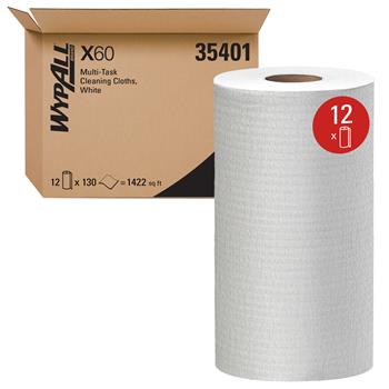 WypAll General Clean X60 Multi-Task Cleaning Cloths, White, 12 Rolls Of 130 Cloths, 1,560 Cloths/Carton