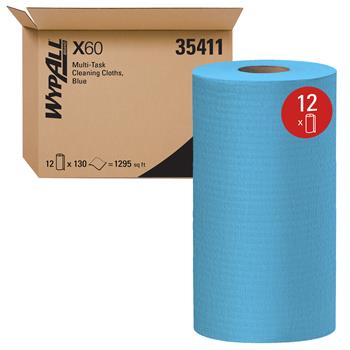 WypAll General Clean X60 Multi-Task Cleaning Cloths, Blue, 12 Rolls Of 130 Cloths, 1,560 Cloths/Carton