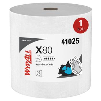 WypAll Power Clean X80 Heavy Duty Cloths, Jumbo Roll, White, 475 Sheets/Roll
