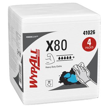 WypAll PowerClean X80 Heavy Duty Cloths, Quarterfold, White, 50 Sheets/Pack, 4 Packs/Carton