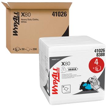 WypAll Power Clean X80 Heavy Duty Quarterfold Cloths, White, 4 Packs Of 50 Cloths, 200 Cloths/Carton