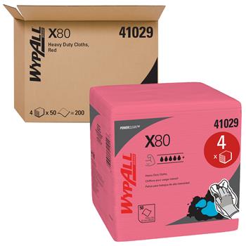 WypAll Power Clean X80 Heavy Duty Quarterfold Cloths, Red, 4 Packs Of 50 Cloths, 200 Cloths/Carton