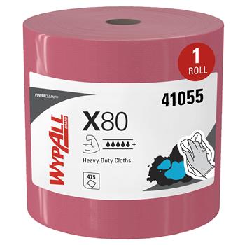 WypAll PowerClean X80 Heavy Duty Cloths, Jumbo Roll, Red, 475 Sheets/Roll, 1 Roll/Carton