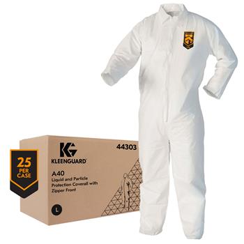 KleenGuard A40 Liquid/Particle Protection Coveralls, Zip Front, Elastic Back, White, Large, 25 Coveralls/Carton