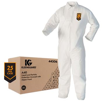 KleenGuard A40 Liquid/Particle Protection Coveralls, Zip Front, White, 3-XL, 25 Coveralls/Case
