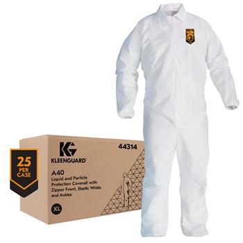 KleenGuard A40 Liquid/Particle Protection Coveralls, Zip Front, Elastic Wrists/Ankles/Back, White, XL, 25 Coveralls/Carton