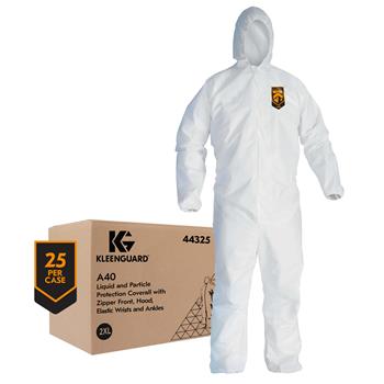 Kimberly-Clark Professional A40 Liquid/Particle Protection Coveralls, Zip Front, Elastic Wrists/Ankles/Hood, White, 2-XL, 25 Coveralls/Carton
