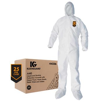 KleenGuard A40 Liquid/Particle Protection Coveralls, Elastic Wrists/Ankles/Hood/Boot/Back, White, 3-XL, 25 Coveralls/Carton