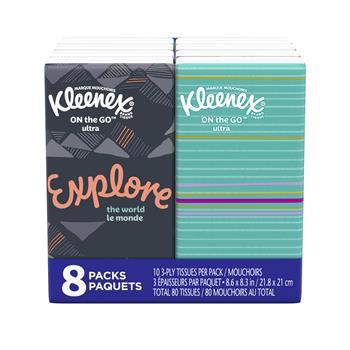 Kleenex On-the-Go Facial Tissues, Travel Size, 3-Ply, 8 Packs Of 10 Tissues, 80 Tissues/Pack