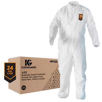 KleenGuard A20 Breathable Particle Protection Coveralls, Zip Front, Elastic Wrists/Ankles/Back, White, 2-XL, 24 Coveralls/Case
