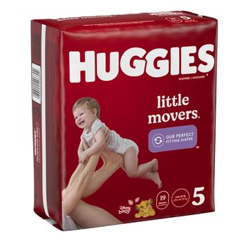 Huggies Little Movers Baby Diapers, Size 5, 27+ lbs, 19 Diapers Per Pack, 4 Packs/Carton