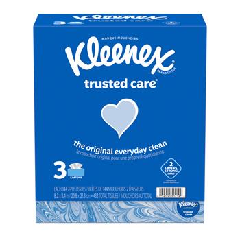 Kleenex Trusted Care Facial Tissue, 2-Ply, White, 144/Box, 3 Bx/Pack, 12 Pk/Carton