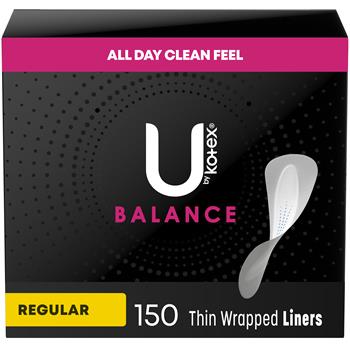 U By Kotex Barely There Thin Panty Liners, Light Absorbency, Regular, Unscented, 150 Liners Per Pack, 4 Packs/Carton