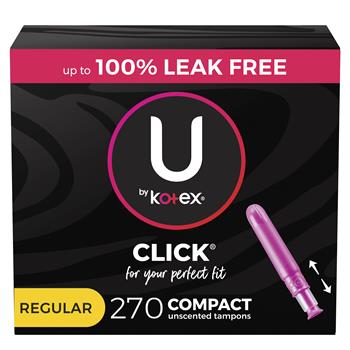 U By Kotex Click Compact Tampons, Regular, Unscented, 45 Tampons Per Pack, 6 Packs/Carton