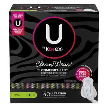 U By Kotex CleanWear Ultra Thin Pads with Wings, Heavy Absorbency, 40 Pads Per Pack, 3 Packs/Carton