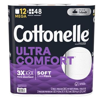 Cottonelle Ultra Comfort Toilet Paper, White, Mega Rolls, 268 Sheets Per Roll, 12 Rolls/Carton