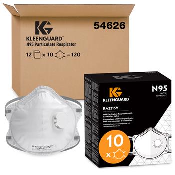 KleenGuard 3300 Series N95 Particulate Respirator, RA3315 Molded Cup Style, NIOSH-Approved, Exhalation Valve, Regular Fit, White, 10 Respirators/Box, 12 Boxes/Case