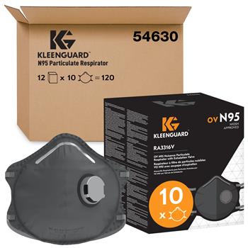 KleenGuard 3300 Series OV N95 Particulate Respirator, RA3315 Molded Cup Style, NIOSH-Approved, Exhalation Valve, Regular Fit, Grey, 10 Respirators/Box, 12 Boxes/Case