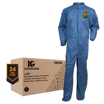 KleenGuard A20 Breathable Particle Protection Coveralls, Zip Front, Elastic Back, Wrists and Ankles, Blue Denim, Large, 24/Case