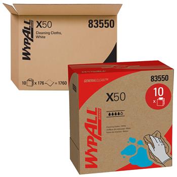 WypAll General Clean X50 Cleaning Cloths, Pop-Up Box, White, 10 Boxes Of 176 Cloths, 1,760 Cloths/Carton