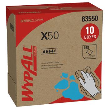WypAll General Clean X50 Cleaning Cloths, Pop Up Box, 8.3&quot; x 12.5&quot; Sheets, White, 168 Sheets/Pack, 10 Packs/Carton