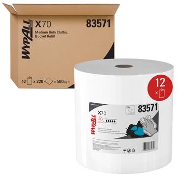 WypAll Power Clean X70 Medium Duty Cloths in a Bucket Refill, 9.8&quot; x 13&quot; Sheets, White, 220 Sheets/Roll, 3 Rolls/Carton