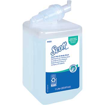 Scott Foam Hair and Body Wash, Light Blue, Fresh Scent, 1.0 L Bottles, 6 Bottles/Carton