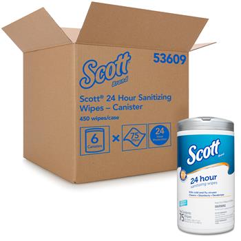 Scott 24 Hour Multi-Surface Sanitizing Wipes, White,  6 Canisters Of 75 Wipes, 450 Wipes/Carton